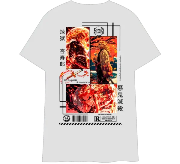 Polo con diseño de Rengoku Kyojuro de Kimetsu no Yaiba. Estampado a color con escenas del personaje, katana en llamas y detalles en japonés. Ideal para fans del anime Demon Slayer.