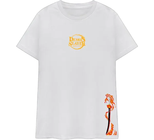 Polo con diseño de Rengoku Kyojuro de Kimetsu no Yaiba. Estampado a color con escenas del personaje, katana en llamas y detalles en japonés. Ideal para fans del anime Demon Slayer.