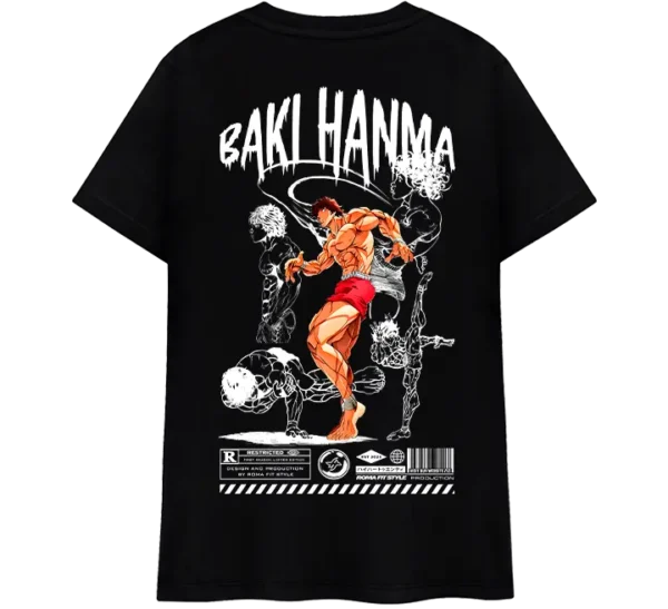 Polo clàsico blanco con diseño de Baki Hanma, protagonista del anime y manga de artes marciales 'Baki'. Estampado dinámico con poses de combate.