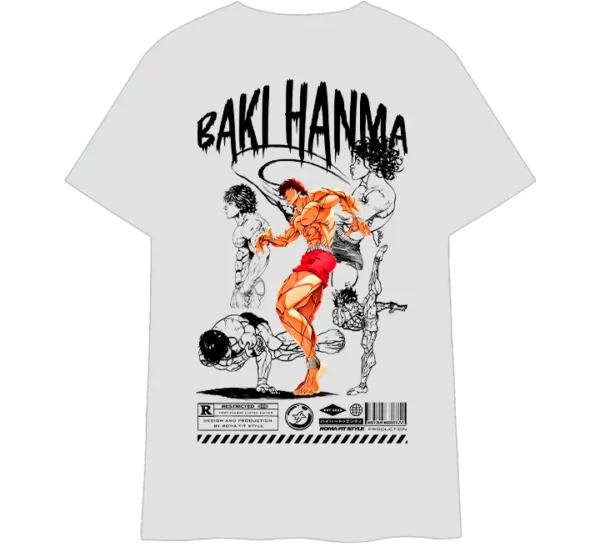 Polo clàsico blanco con diseño de Baki Hanma, protagonista del anime y manga de artes marciales 'Baki'. Estampado dinámico con poses de combate.