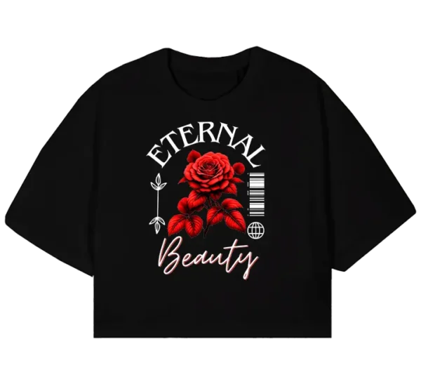 Polo crop con ilustración de rosas rojas vibrantes, la frase Eternal Beauty en tipografía elegante y detalles gráficos modernos. Diseño sofisticado y llamativo.