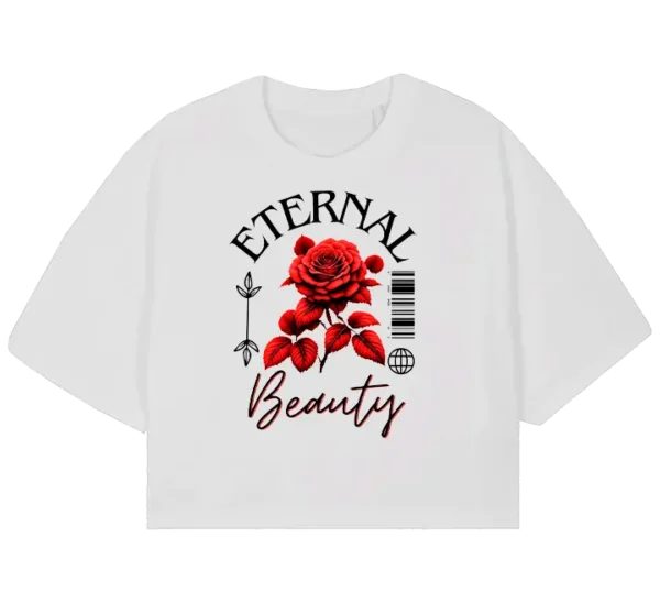 Polo crop con ilustración de rosas rojas vibrantes, la frase Eternal Beauty en tipografía elegante y detalles gráficos modernos. Diseño sofisticado y llamativo.