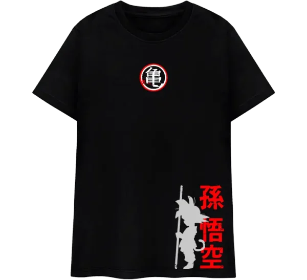 Polo clásico negro con diseño de Goku Ultra Instinto, fondo rojo y estilo anime impactante.