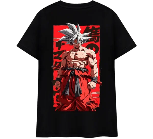 Polo clásico negro con diseño de Goku Ultra Instinto, fondo rojo y estilo anime impactante.