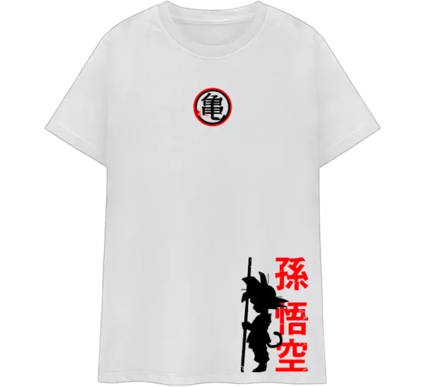 Polo clásico negro con diseño de Goku Ultra Instinto, fondo rojo y estilo anime impactante.