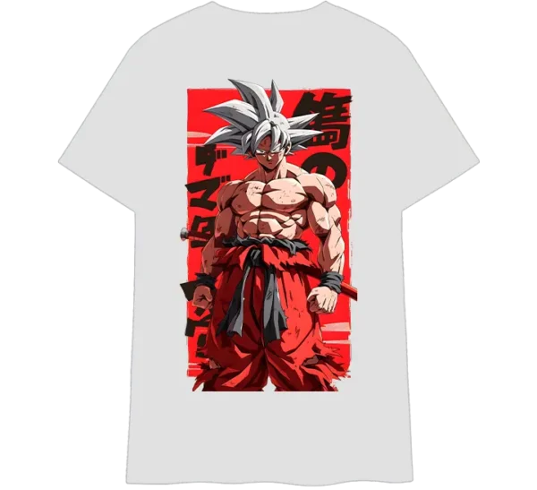 Polo clásico negro con diseño de Goku Ultra Instinto, fondo rojo y estilo anime impactante.