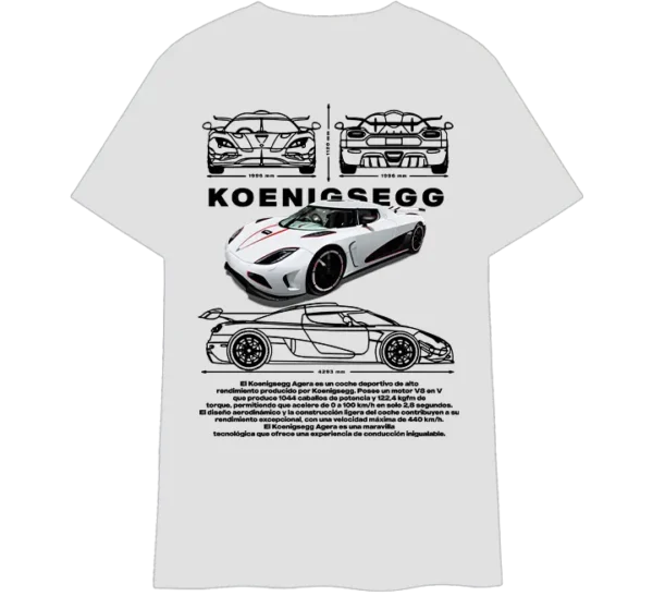 Polo negro con diseño del Koenigsegg Agera. Incluye ilustraciones técnicas, dimensiones y una imagen del superdeportivo en color, destacando su potencia y aerodinámica.