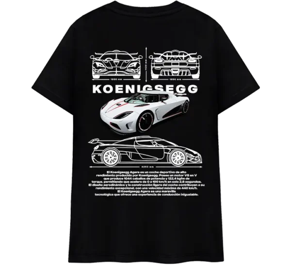 Polo negro con diseño del Koenigsegg Agera. Incluye ilustraciones técnicas, dimensiones y una imagen del superdeportivo en color, destacando su potencia y aerodinámica.