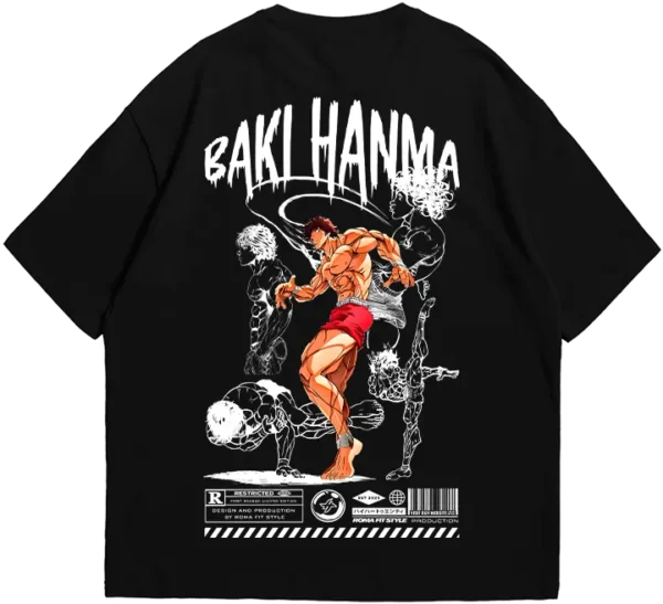 Polo oversize blanco con diseño de Baki Hanma, protagonista del anime y manga de artes marciales 'Baki'. Estampado dinámico con poses de combate.