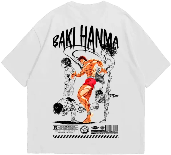 Polo oversize blanco con diseño de Baki Hanma, protagonista del anime y manga de artes marciales 'Baki'. Estampado dinámico con poses de combate.