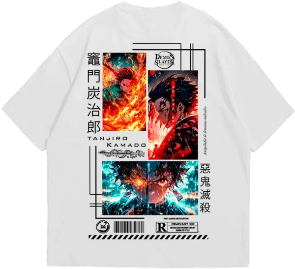 Polo oversize negro con diseño de Tanjiro Kamado de Kimetsu no Yaiba. Estampado con ilustraciones del personaje en llamas y detalles en japonés. Ideal para fans de Demon Slayer.