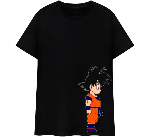 Polos para pareja con diseño inspirado en personajes de anime en estilo chibi. Camisetas negras de algodón con estampado romántico de Goku y Milk mirándose. Ropa combinada ideal para fans del anime y la cultura geek.