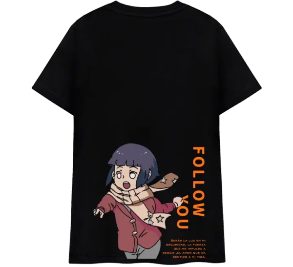 Polo con diseño de Naruto y Hinata de niños, con las frases 'Waiting for you' y 'Follow you'.