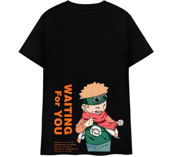 Polo con diseño de Naruto y Hinata de niños, con las frases 'Waiting for you' y 'Follow you'.