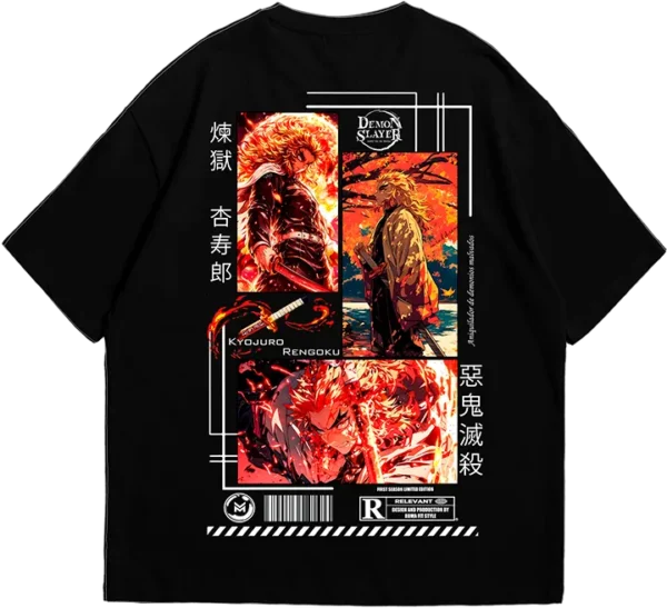 Polo negro con diseño de Rengoku Kyojuro de Kimetsu no Yaiba. Estampado a color con escenas del personaje, katana en llamas y detalles en japonés. Ideal para fans del anime Demon Slayer.