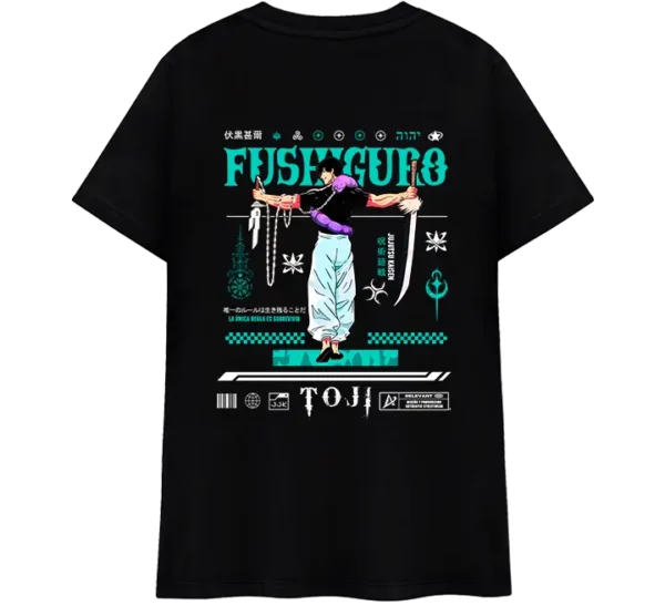 Polo negro de algodón con diseño inspirado en Toji Fushiguro de Jujutsu Kaisen. Ilustración a todo color con detalles gráficos en estilo cyberpunk y tipografía japonesa. Ideal para fans del anime y la moda streetwear.