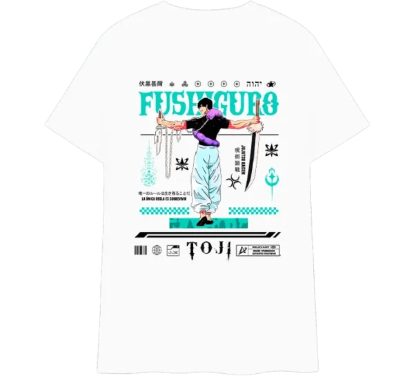 Polo negro de algodón con diseño inspirado en Toji Fushiguro de Jujutsu Kaisen. Ilustración a todo color con detalles gráficos en estilo cyberpunk y tipografía japonesa. Ideal para fans del anime y la moda streetwear.