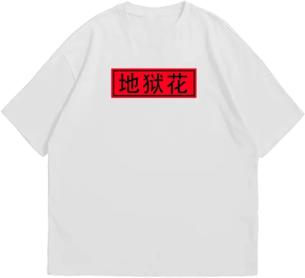 Polo oversize negro con diseño de lirios araña rojos y kanjis de Tokyo Ghoul.