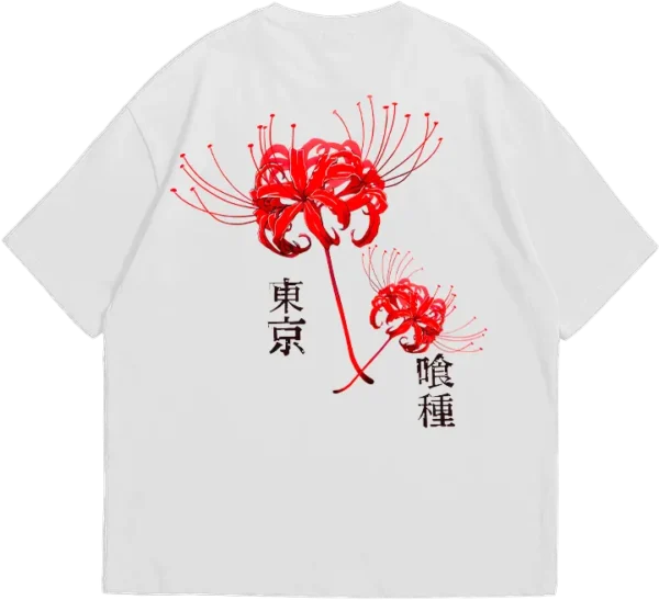 Polo oversize negro con diseño de lirios araña rojos y kanjis de Tokyo Ghoul.