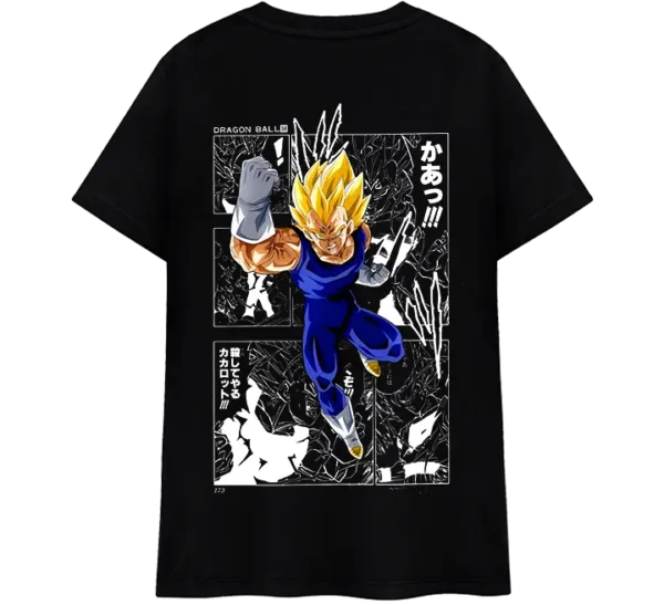 Polo clasico con diseño de Vegeta Super Saiyajin. Ilustración a color con viñetas de manga en blanco y negro, destacando la intensidad del personaje en Dragon Ball.
