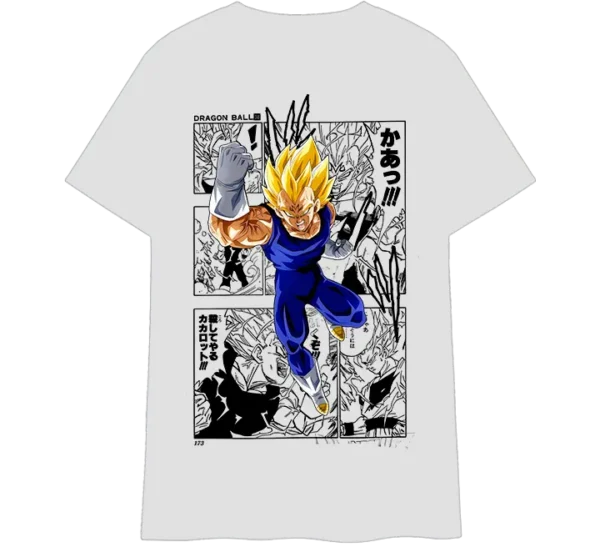 Polo clasico con diseño de Vegeta Super Saiyajin. Ilustración a color con viñetas de manga en blanco y negro, destacando la intensidad del personaje en Dragon Ball.