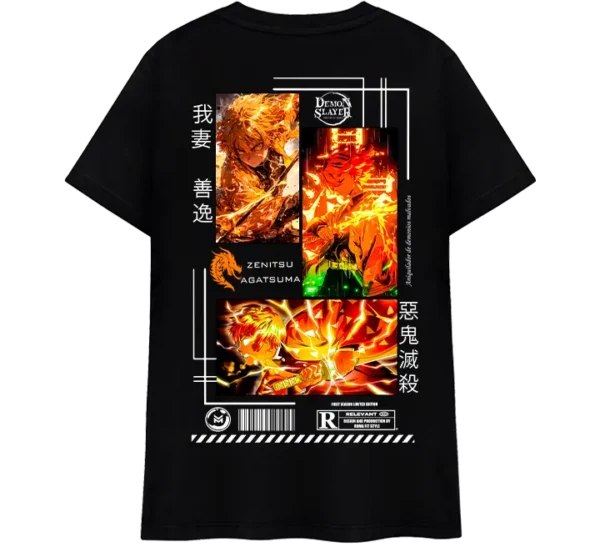 Polo clásico negro con diseño de Zenitsu Agatsuma en acción, con efectos eléctricos y estilo anime.