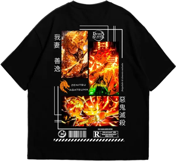 Polo oversize negro con diseño de Zenitsu Agatsuma en acción, con efectos eléctricos y estilo anime.
