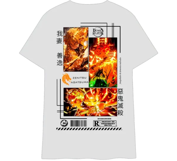Polo clásico negro con diseño de Zenitsu Agatsuma en acción, con efectos eléctricos y estilo anime.