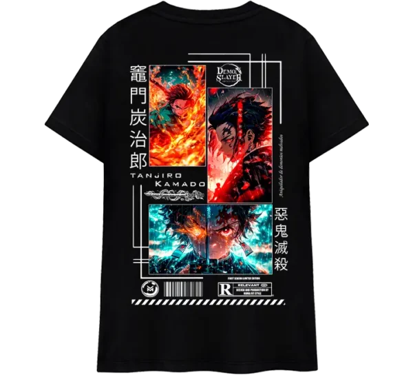 Polo clásico negro con diseño de Tanjiro Kamado de Kimetsu no Yaiba. Estampado con ilustraciones del personaje en llamas y detalles en japonés. Ideal para fans de Demon Slayer.