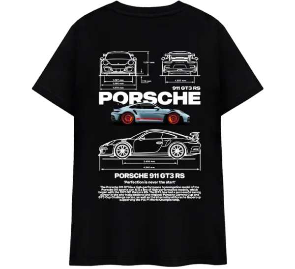 Polo con diseño del Porsche 911 GT3 RS. Incluye ilustraciones técnicas con medidas, un perfil detallado y la imagen del auto en color con llantas rojas.