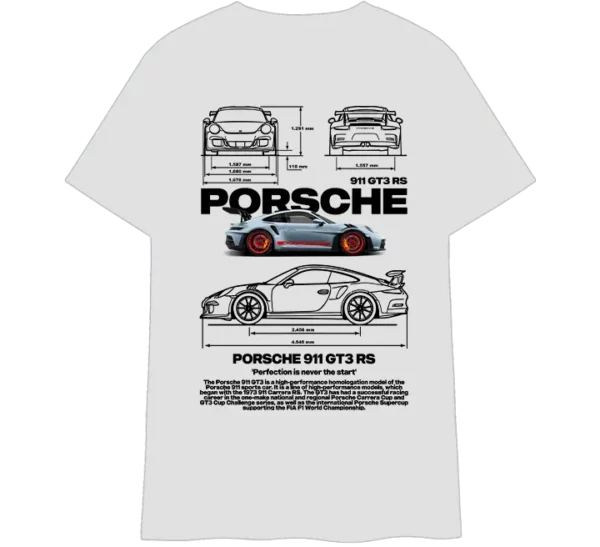 Polo con diseño del Porsche 911 GT3 RS. Incluye ilustraciones técnicas con medidas, un perfil detallado y la imagen del auto en color con llantas rojas.