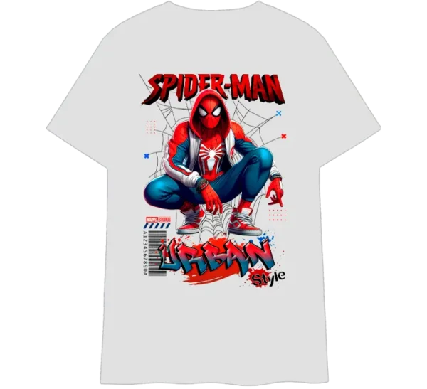 Polo clásico con diseño de Spider-Man en un estilo urbano y grafiti, con capucha y zapatillas deportivas